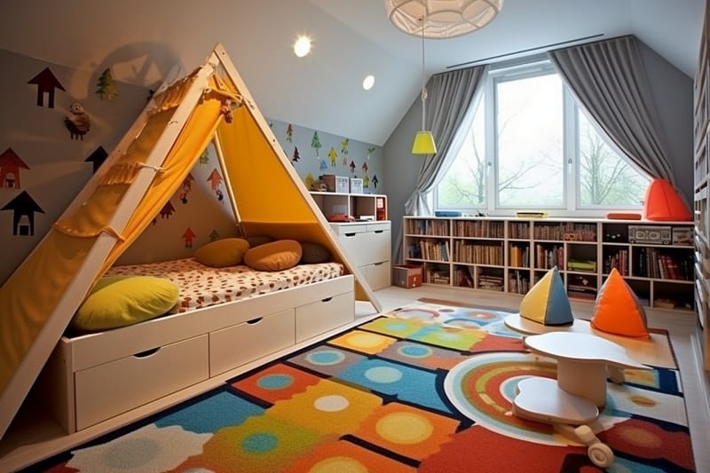 Vzorovaný koberec v dětském pokoji, jemný nábytek